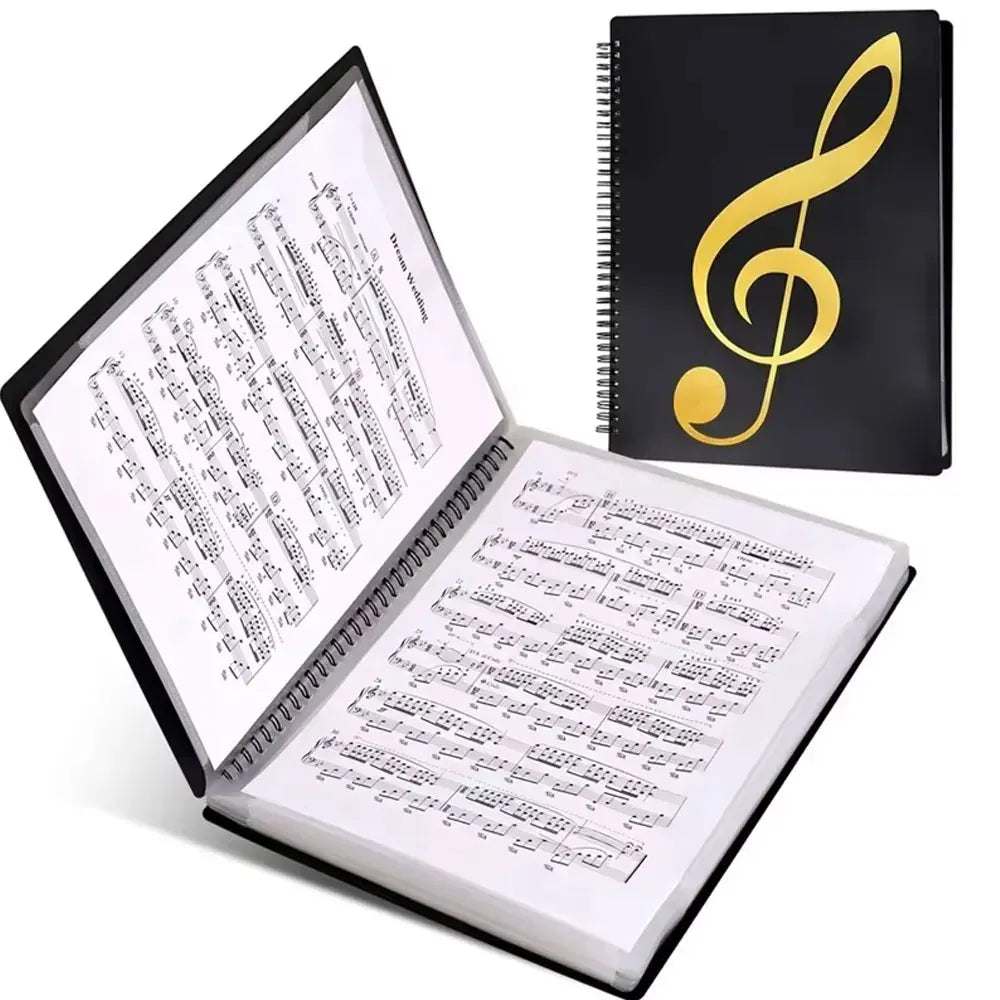 Black spiral-bound piano music score folder with 40 flexible a4 pages and gold treble clef design on cover