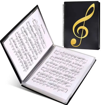 Black spiral-bound piano music score folder with 40 flexible a4 pages and gold treble clef design on cover
