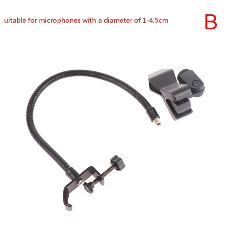 Black flexible gooseneck microphone stand with adjustable clamps and threaded connector for radio broadcasting studio use