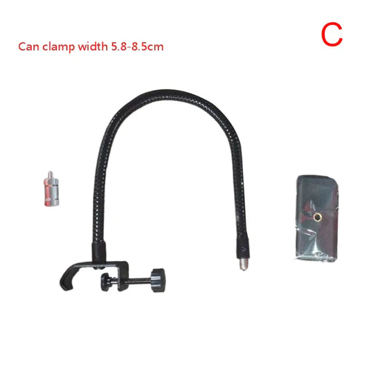 Black flexible microphone gooseneck lamp with adjustable head and desk clamp for radio broadcasting studio live broadcast equipment