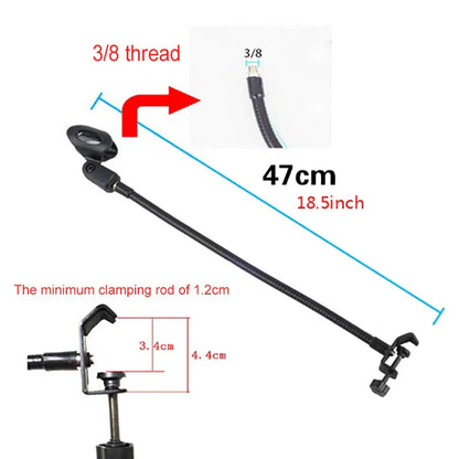 Black flexible gooseneck microphone stand with 3/8 thread mount and desk clamp for radio broadcasting studio equipment
