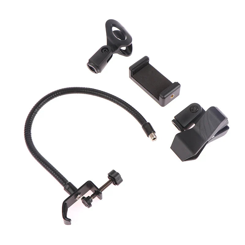 Black adjustable microphone stand clamp with flexible gooseneck and phone holder for radio broadcasting studio desk clamp use