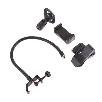 Black adjustable microphone stand clamp with flexible gooseneck arm and phone holder for radio broadcasting studio use