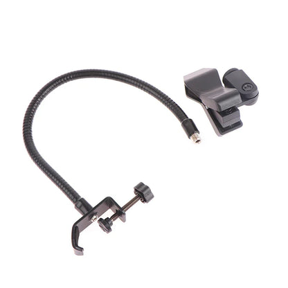 Black flexible gooseneck lamp with adjustable clamp and screw mechanism for radio broadcasting studio live broadcast equipment stations