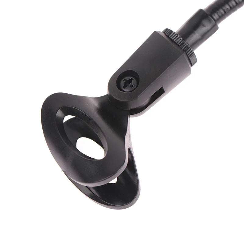 Black plastic microphone stand clip with curved oval clamp and textured knob for radio broadcasting studio desk clamp use