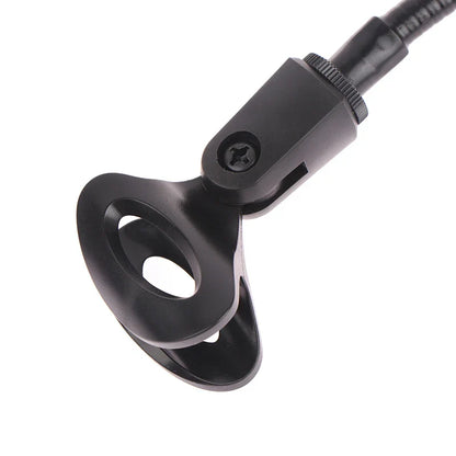 Black plastic microphone stand clip with curved oval clamp and textured knob for radio broadcasting studio desk clamp use