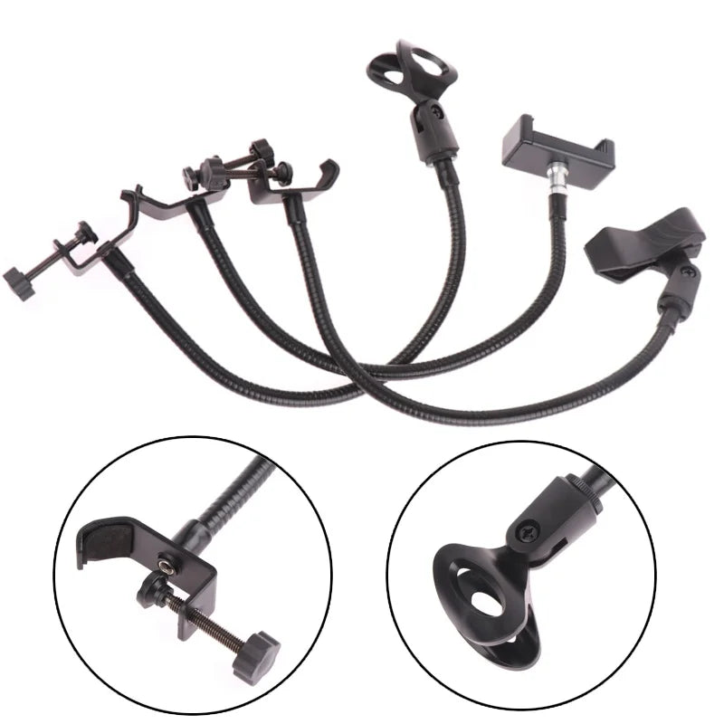 Set of five black flexible gooseneck microphone stands with adjustable clamps for radio broadcasting studio live broadcast equipment stations