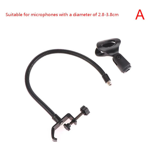 Black flexible microphone gooseneck stand with adjustable clamp and threaded mount for radio broadcasting studio use