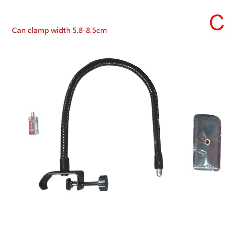 Black flexible microphone gooseneck lamp with clamp base and adjustable head for radio broadcasting studio live equipment stations