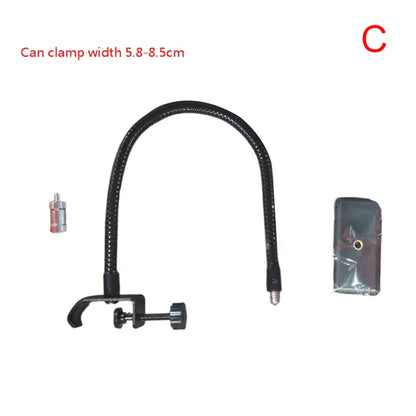Black flexible microphone gooseneck lamp with clamp base and adjustable head for radio broadcasting studio live equipment stations