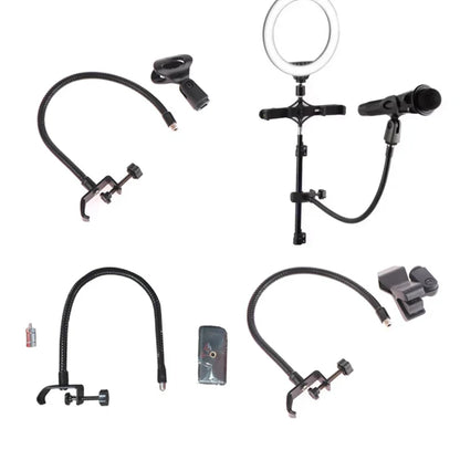 Black flexible microphone gooseneck stand with ring light and desk clamp for radio broadcasting studio live equipment stations
