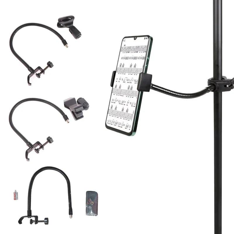Black flexible microphone gooseneck phone stand with adjustable clamp and bracket for radio broadcasting studio live equipment stations