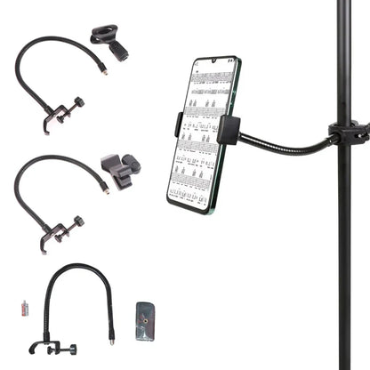 Black flexible microphone gooseneck phone stand with adjustable clamp and bracket for radio broadcasting studio live equipment stations