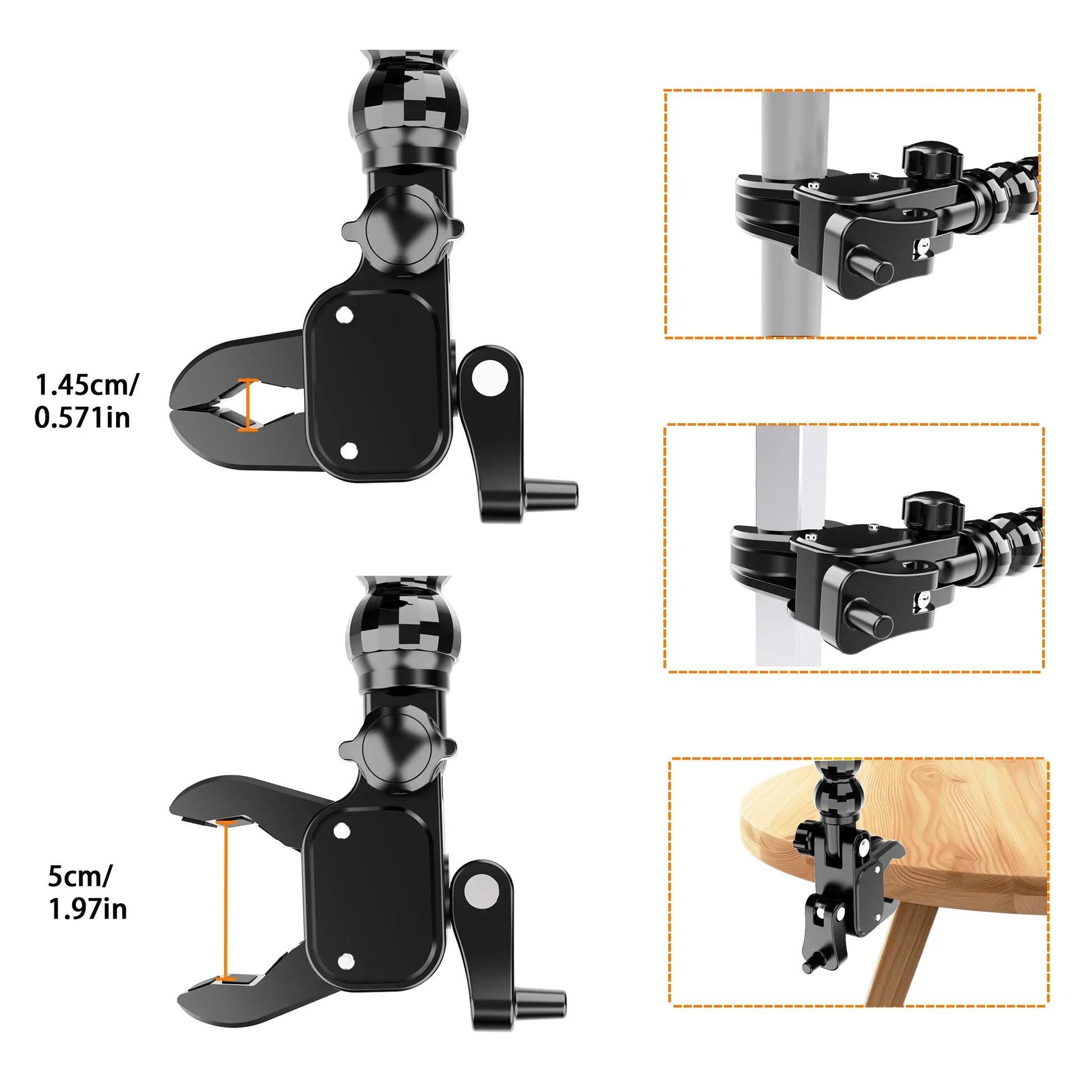Black adjustable tripod clamp with ball joint and lever mechanism for flexible microphone music and 15-inch tablets use
