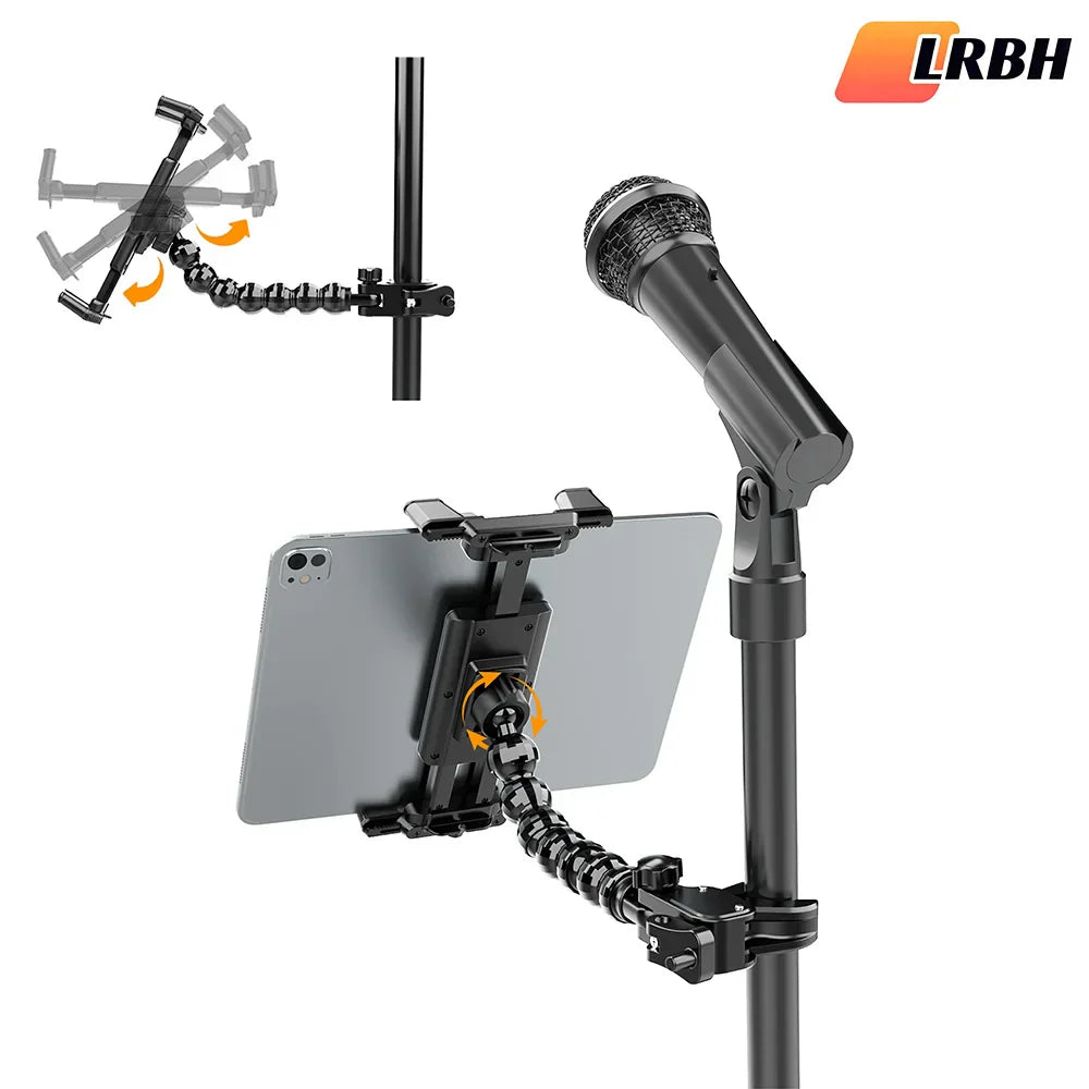 Black articulated gooseneck tablet holder with adjustable clamp and flexible joint for secure positioning on 15-inch tablets