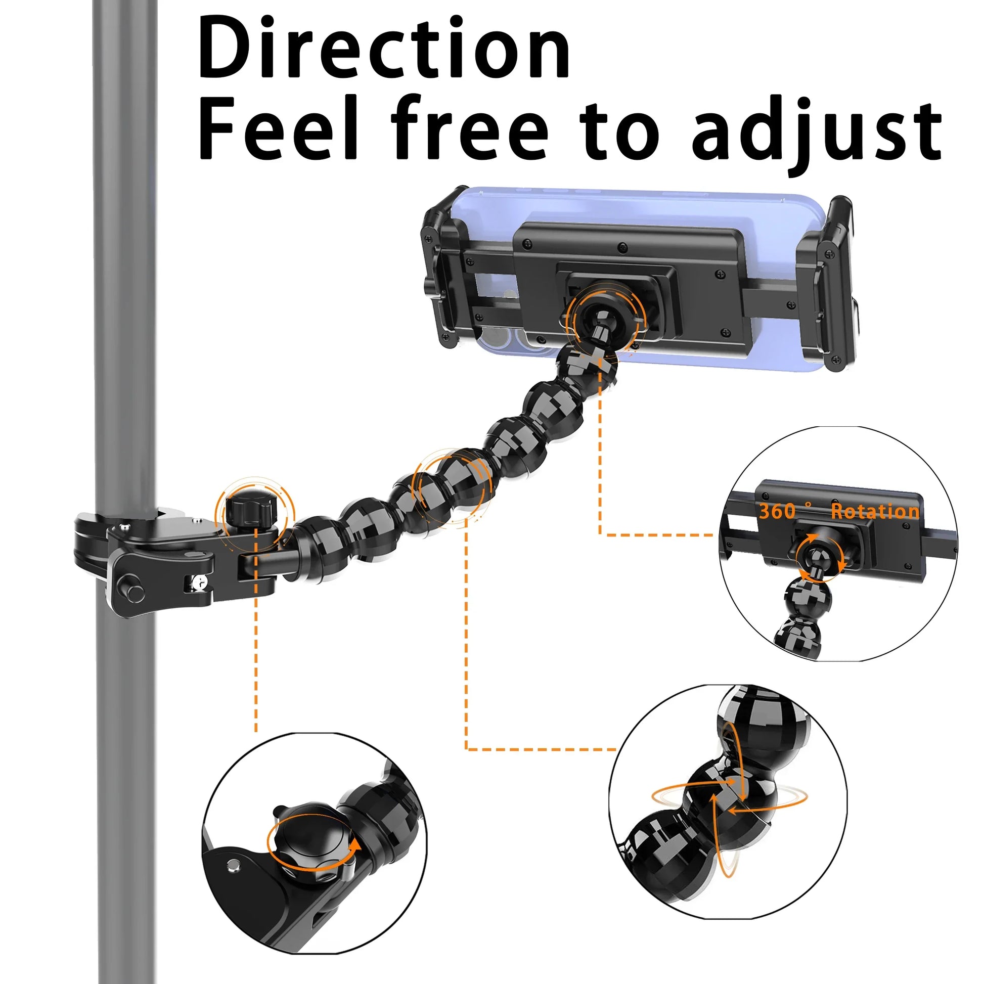 Black articulated flexible microphone music stand with segmented arms compatible with all 15-inch tablets and smartphones