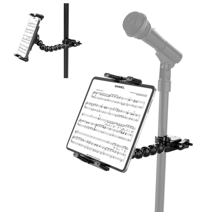 Black flexible gooseneck microphone music stand holding a music sheet on ipad compatible with 15-inch tablets