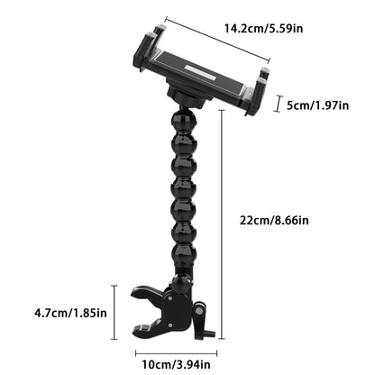 Black flexible gooseneck tablet holder with adjustable clamp and articulated arm for 15-inch tablets and flexible microphone music use