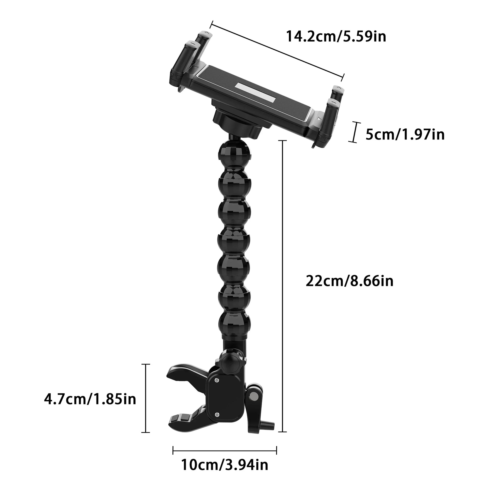 Black flexible gooseneck tablet holder with adjustable clamp and articulated arm for 15-inch tablets and flexible microphone music use
