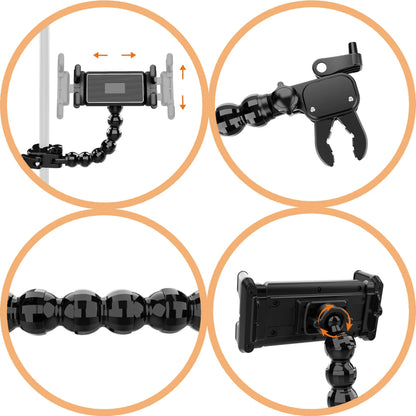 Black flexible microphone music stand with articulated joints and clamps for 15-inch tablets and smartphones