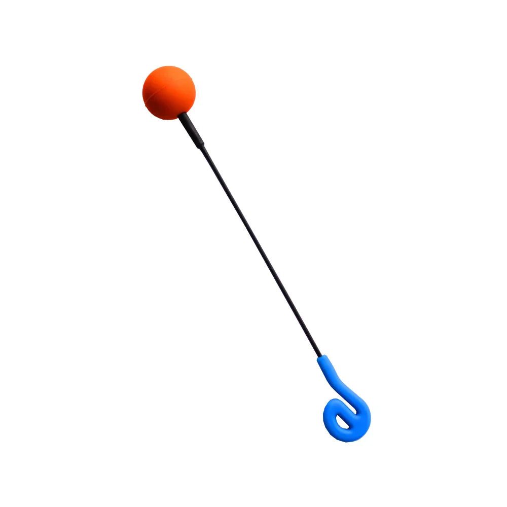 Flumies friction ball for gong players featuring an orange foam ball on a black stick with a blue ergonomic handle