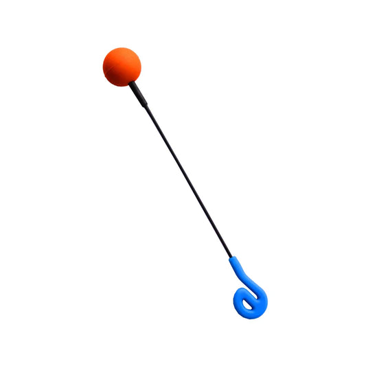 Flumies friction ball for gong players featuring an orange foam ball on a black stick with a blue ergonomic handle