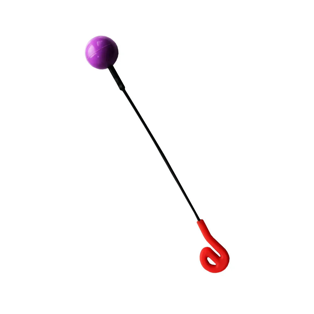 Purple spherical friction ball with black rod and red curved handle for gong players from beat music store