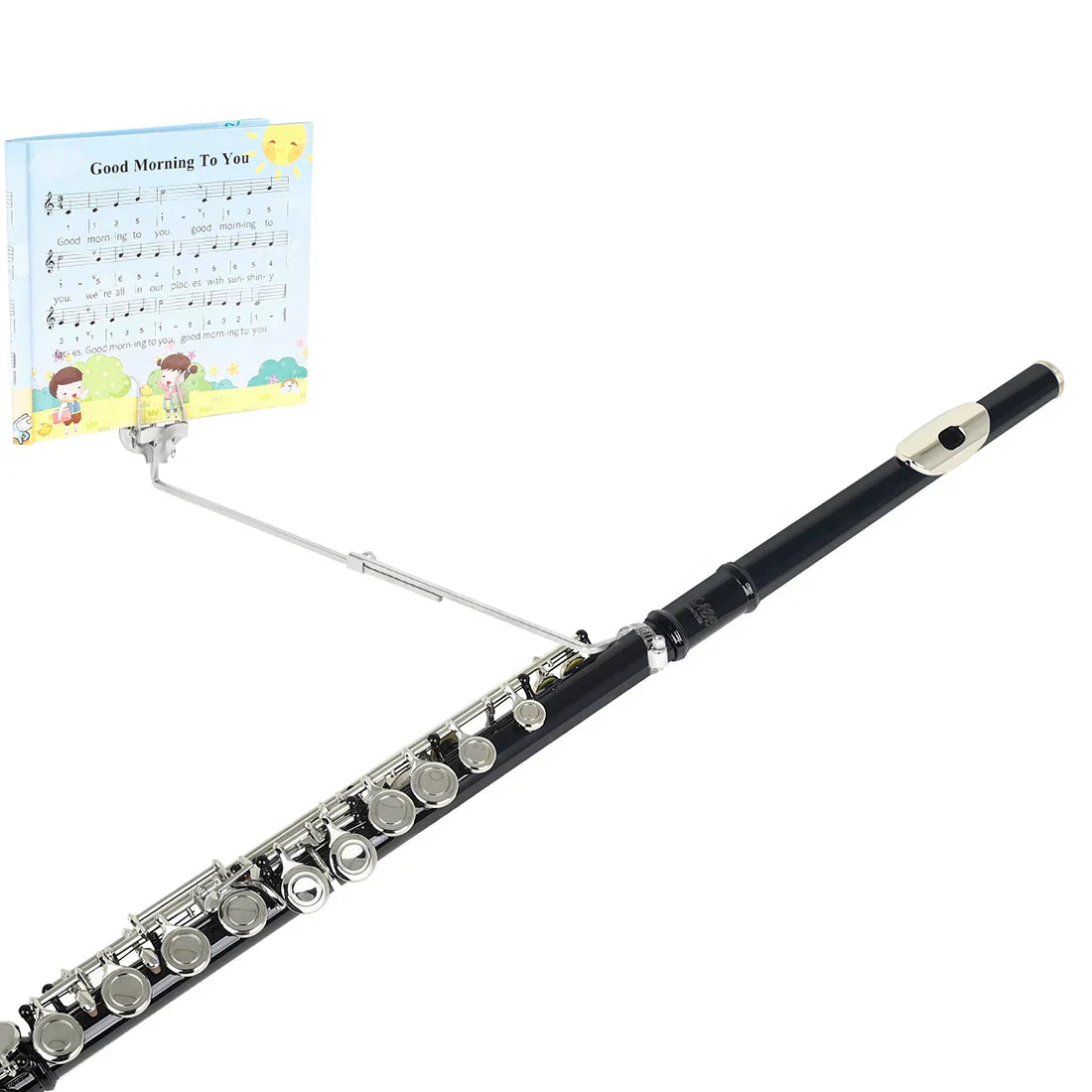 Black flute with silver keys and mouthpiece next to a portable retractable metal flute marching sheet music stand holder