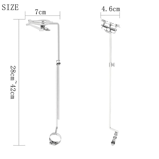 Silver metal guitar capo with adjustable clamp and telescoping arm for portable retractable metal flute marching sheet music stand