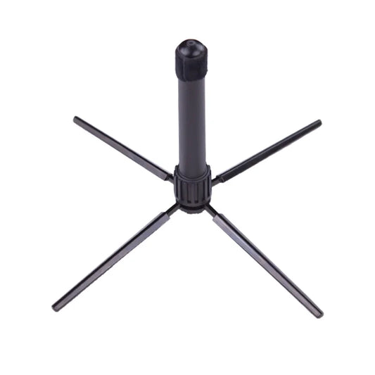 Black plastic universal instrument accessory tripod stand with four angled legs for flute portable foldable storage flute stand