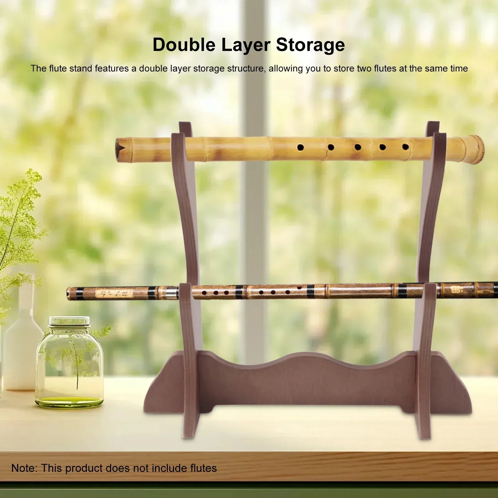 Brown wooden flute stand desktop with double-layer bamboo flute display holder support for violin bows organization