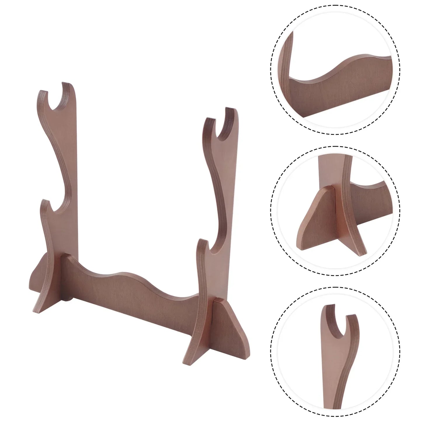Brown wooden flute stand desktop with two curved slots for blades double layer display holder support for violin bows