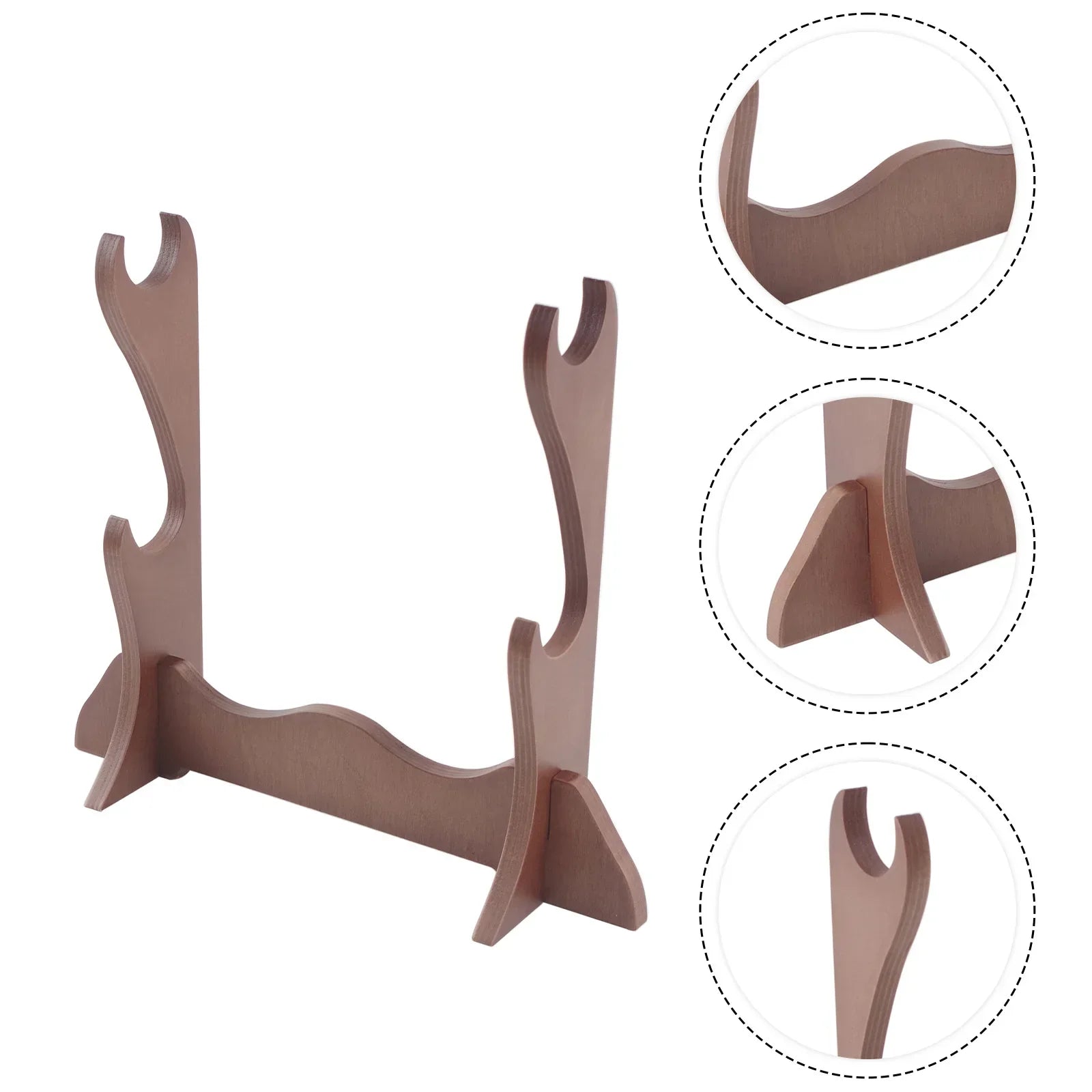 Brown wooden flute stand desktop with two curved slots for blades double layer display holder support for violin bows