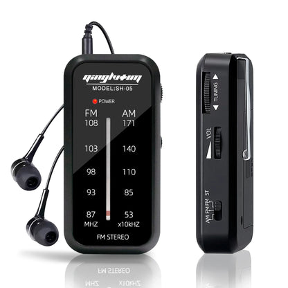 Black qinghutm sh-05 fm/am mini radio with 5mm headphone jack built-in speaker loud sound for home outdoor travel