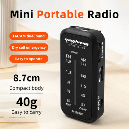 Black plastic fm/am mini portable radio with dual band tuning dial and jack built-in speaker for loud sound