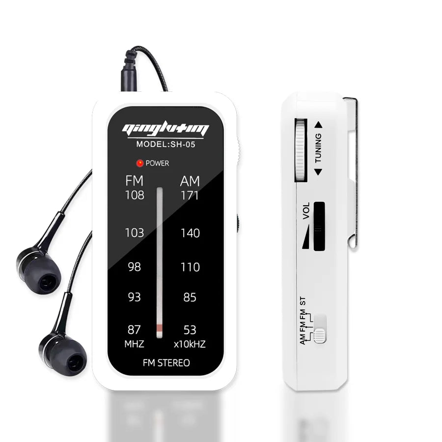 White plastic portable fm am mini radio with black display and matching earbuds featuring 3.5mm headphone jack built-in speaker loud sound