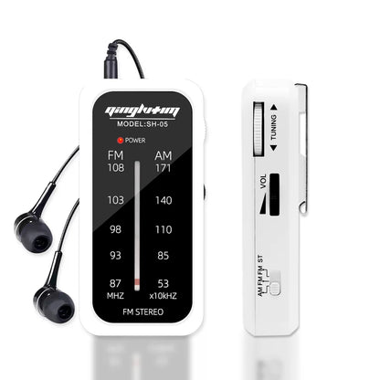 White plastic portable fm am mini radio with black display and matching earbuds featuring 3.5mm headphone jack built-in speaker loud sound
