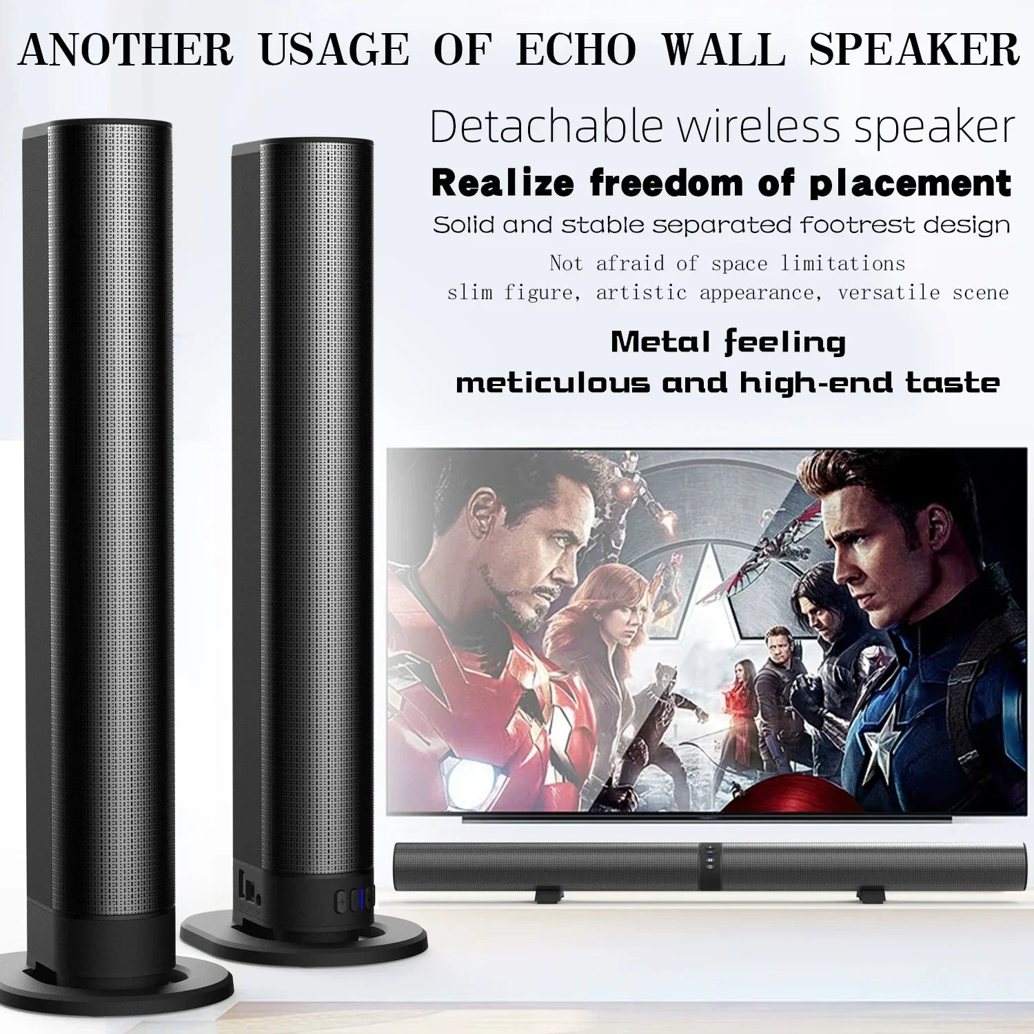 Black cylindrical soundbar tv bluetooth speakers with perforated grille metallic finish and opt connections detachable home cinema system