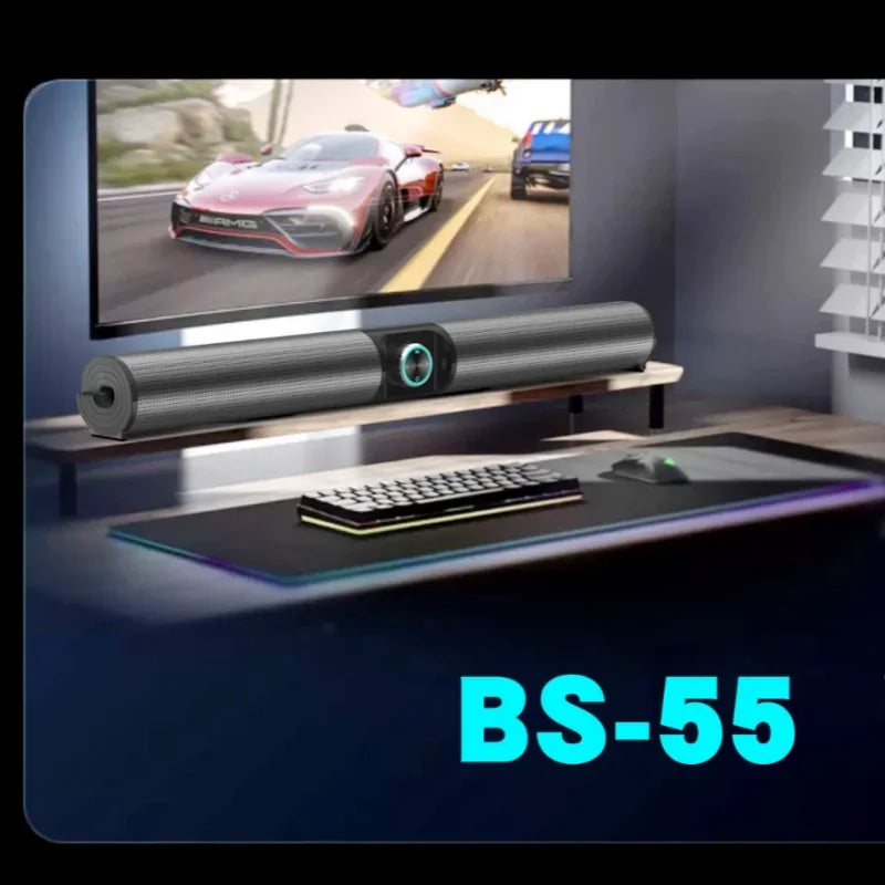 Black cylindrical soundbar tv bluetooth with glowing circular control panel and detachable home cinema opt connections soundbars