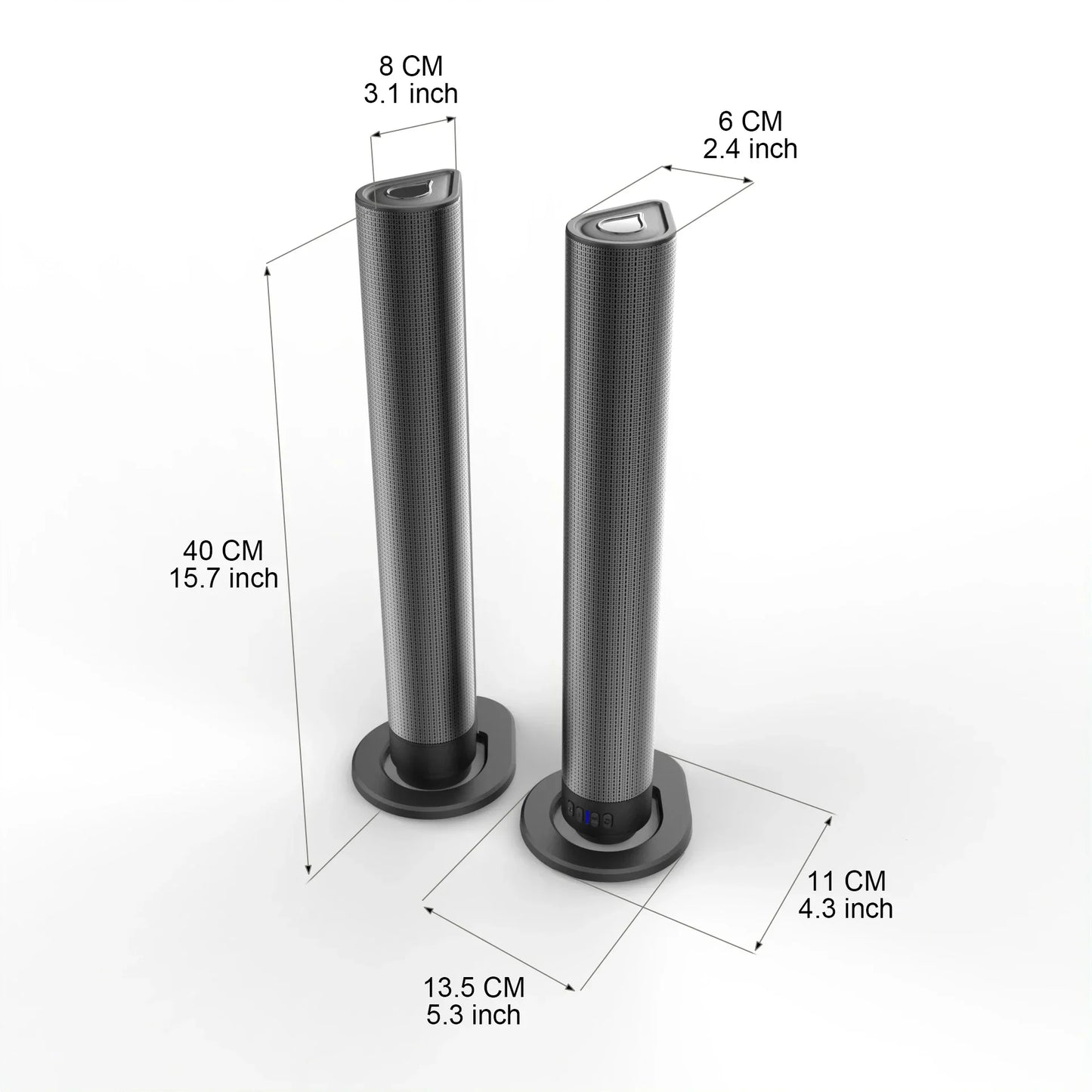 Black cylindrical tower speakers with textured mesh grilles and circular bases for detachable home cinema soundbar tv bluetooth system