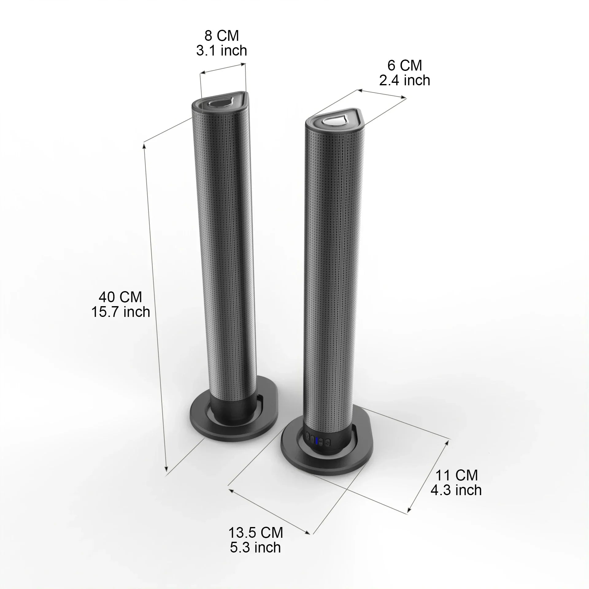 Black cylindrical tower speakers with textured mesh grilles and circular bases for detachable home cinema soundbar tv bluetooth system