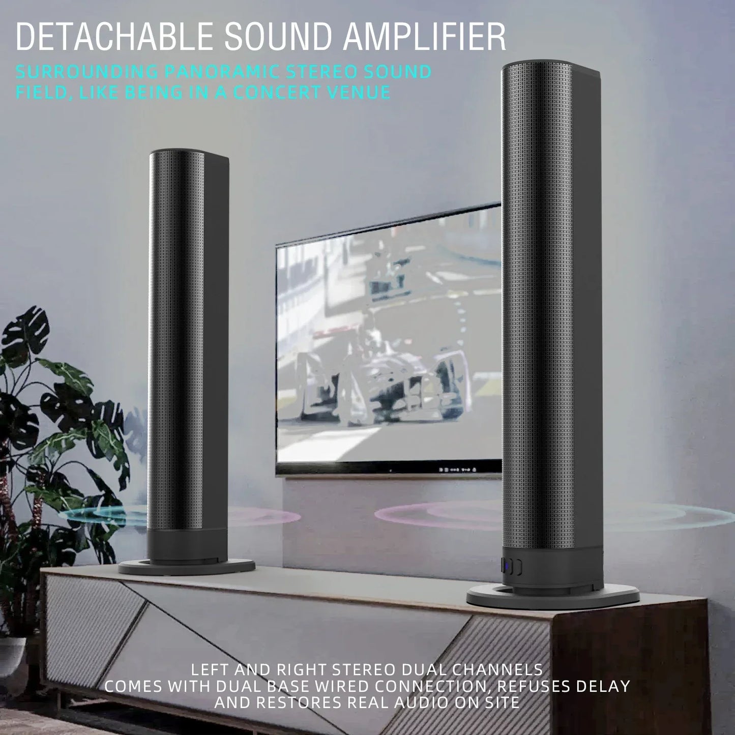 Black cylindrical detachable soundbar tv bluetooth speakers with perforated grille and opt connections for home cinema