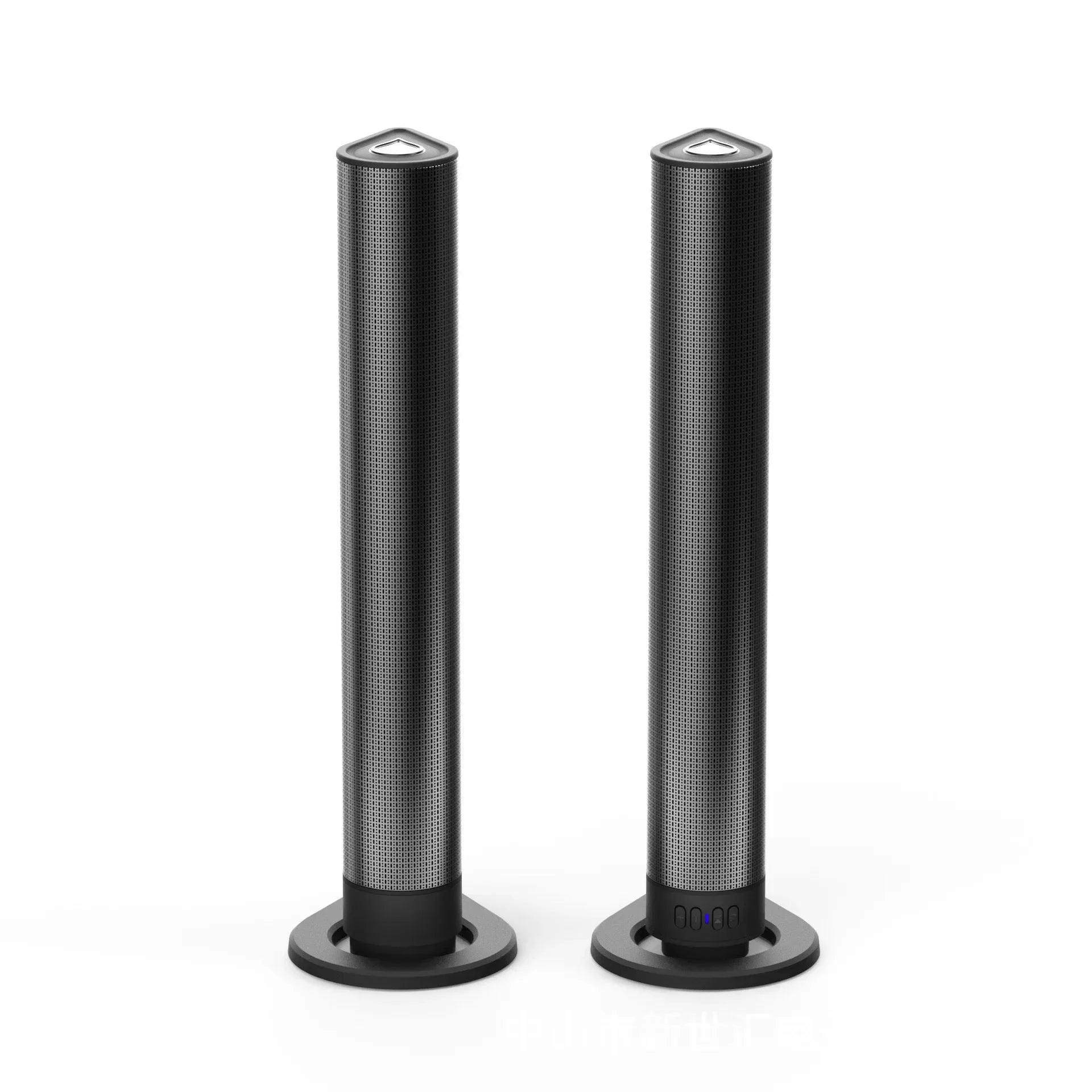 Black cylindrical tower speakers with perforated grille and triangular caps for detachable home cinema soundbar tv bluetooth system