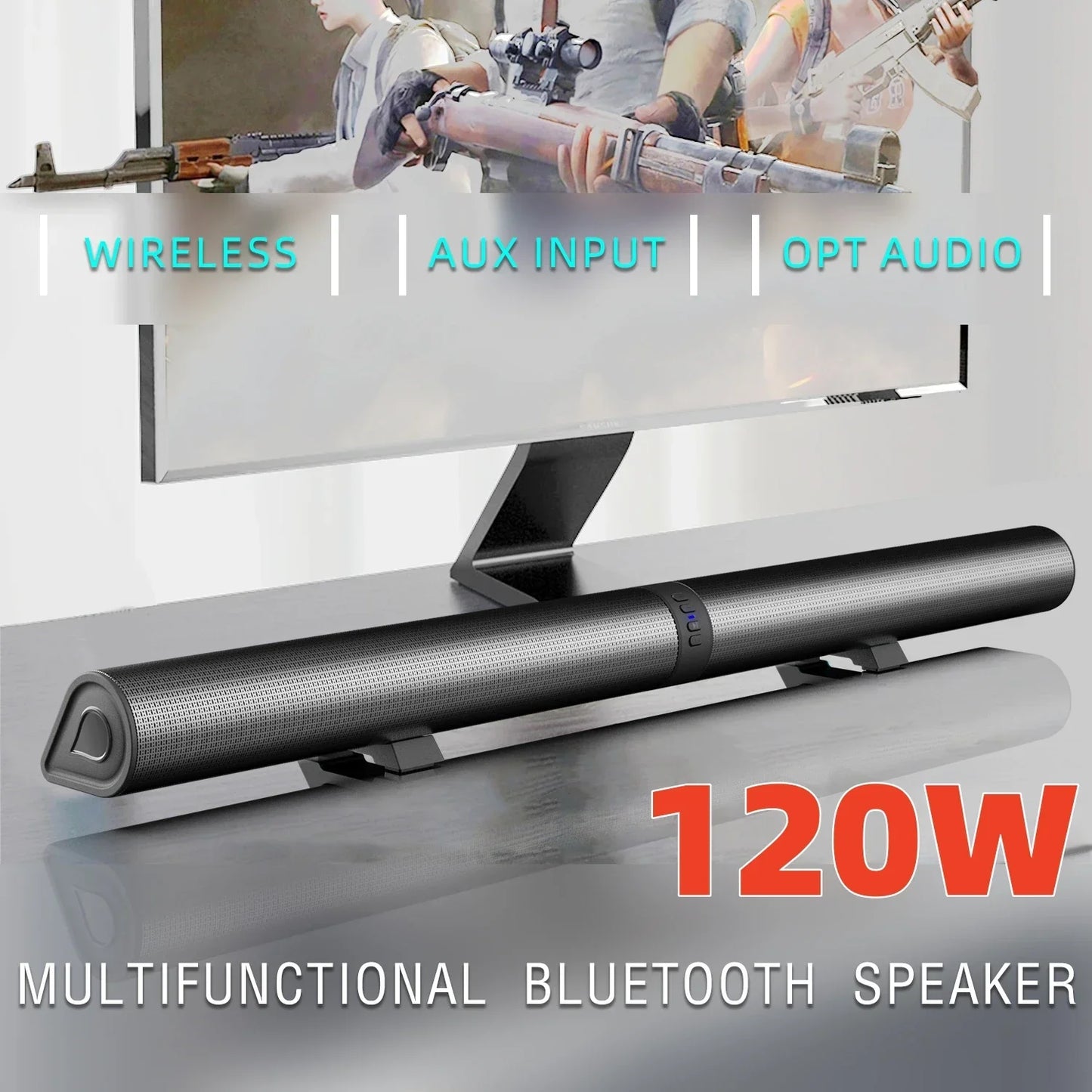 Black sleek cylindrical soundbar tv bluetooth with textured grille and detachable home cinema opt connections soundbars