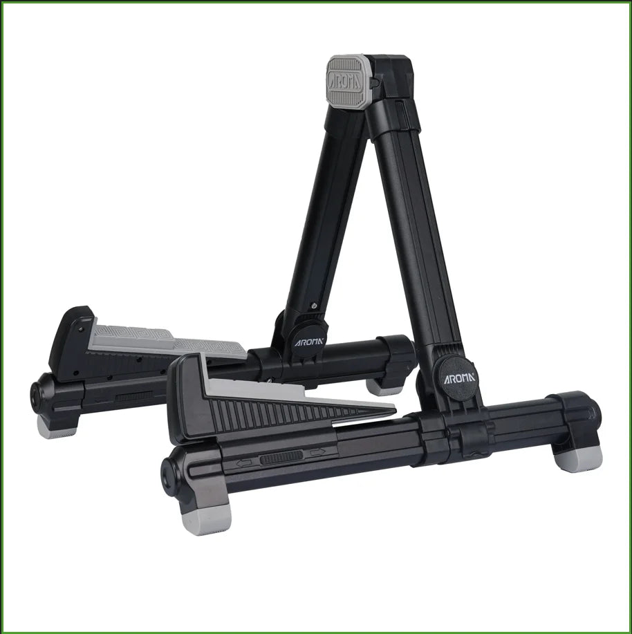 Black foldable aluminum guitar stand with gray accents and textured grip surfaces adjustable floor stand for bass ukulele violin