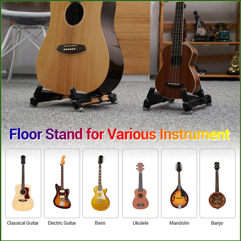 Black foldable aluminum guitar stand supporting an acoustic guitar adjustable floor stand for bass ukulele violin and banjo