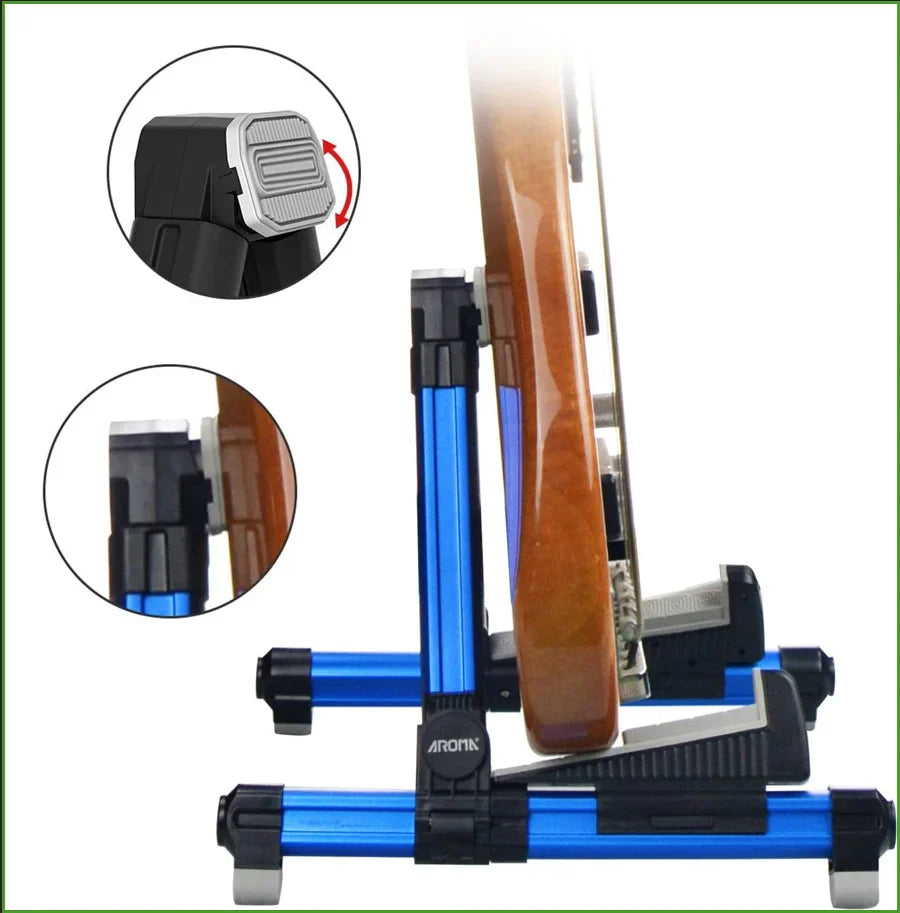Blue and black foldable aluminum guitar stand with silver foot pedal mechanism adjustable floor stand for bass ukulele violin