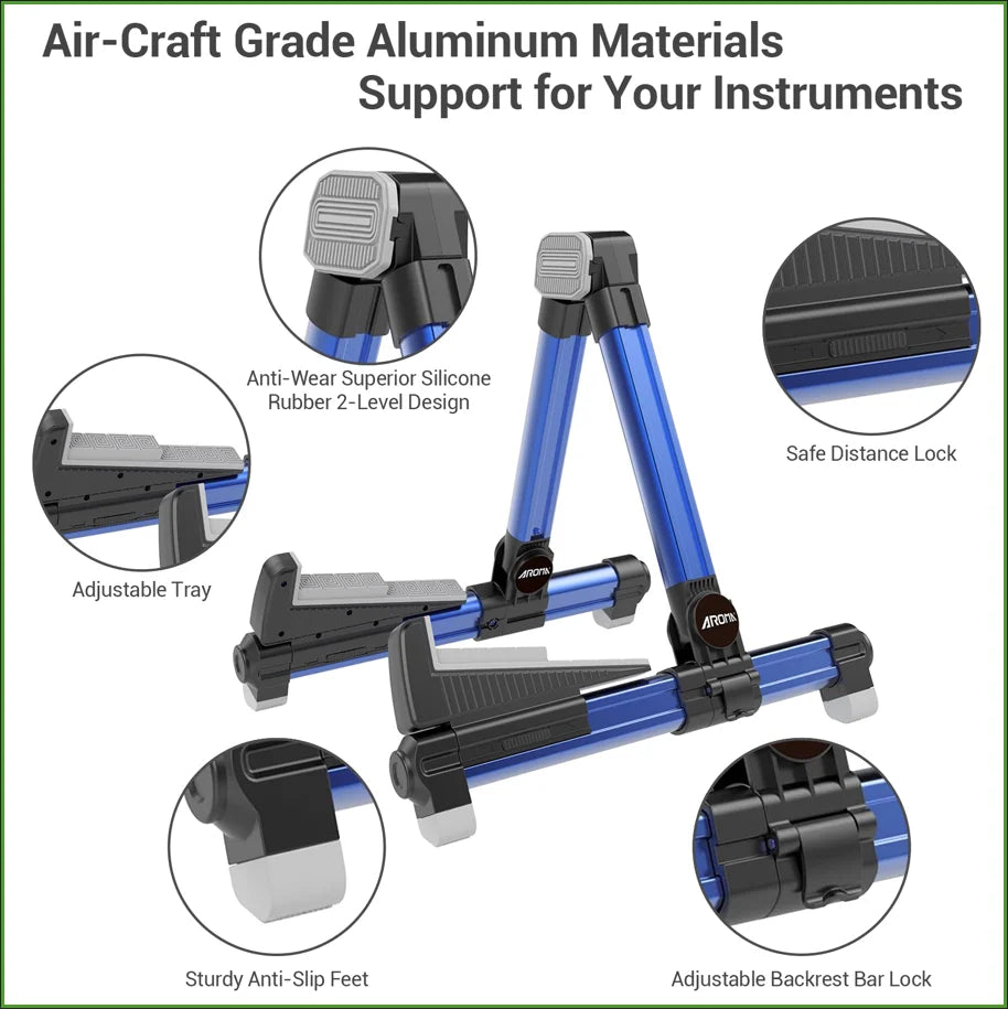 Blue and black foldable aluminum guitar stand made of air-craft grade aluminum adjustable floor stand for bass ukulele violin