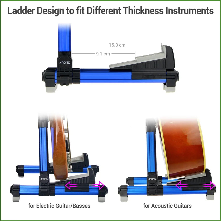 Blue and black foldable aluminum guitar stand with adjustable ladder design for electric guitars bass ukulele violin and banjo