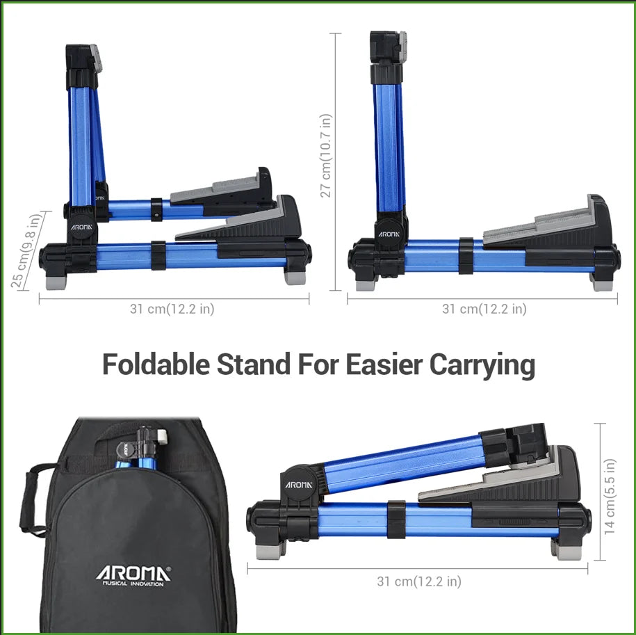 Blue and black foldable aluminum guitar stand with adjustable floor stand design for bass ukulele violin and more